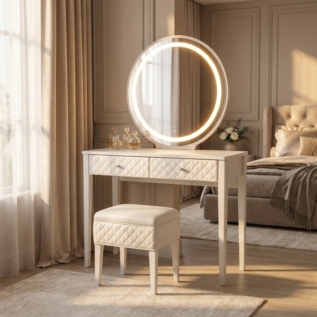 White Makeup Vanity Set with LED Mirror and Stool