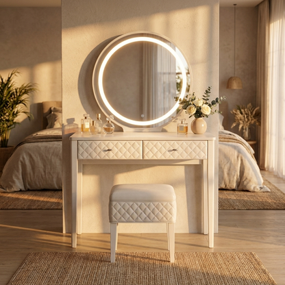 White Makeup Vanity Set with LED Mirror and Stool