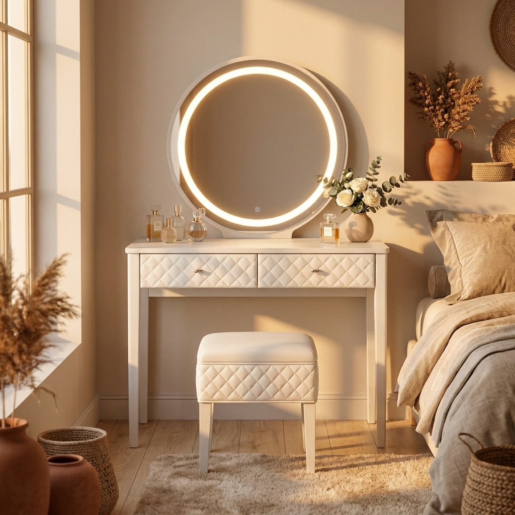 White Makeup Vanity Set with LED Mirror and Stool