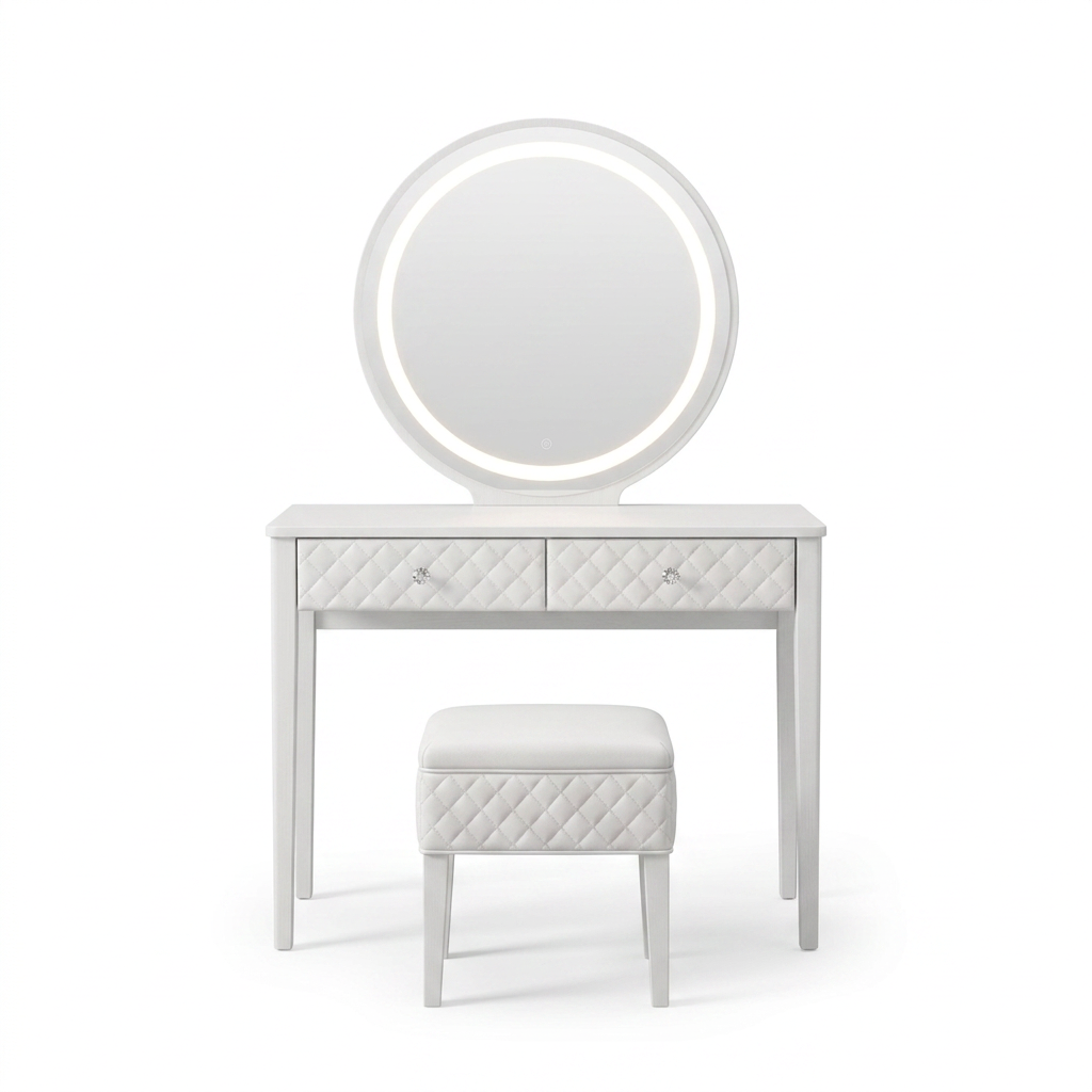 White Makeup Vanity Set with LED Mirror and Stool