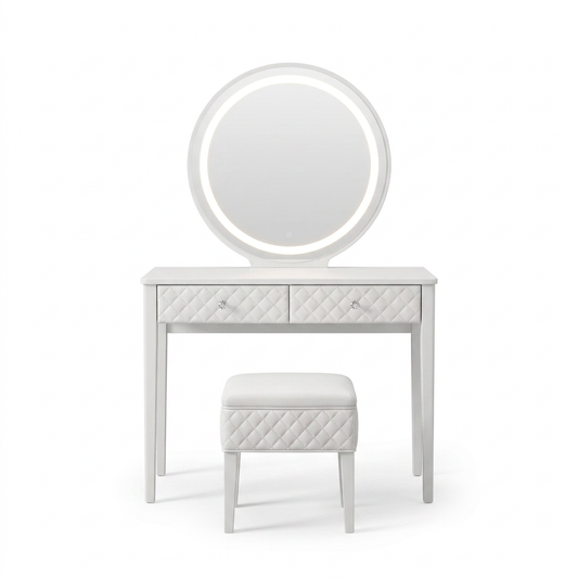 White Makeup Vanity Set with LED Mirror and Stool
