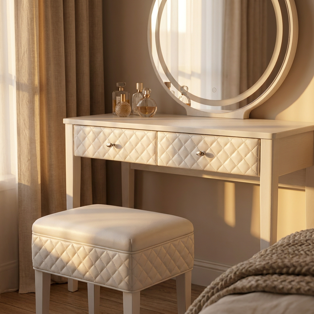 White Makeup Vanity Set with LED Mirror and Stool