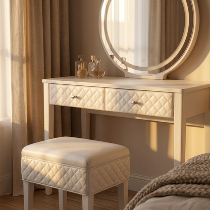 White Makeup Vanity Set with LED Mirror and Stool