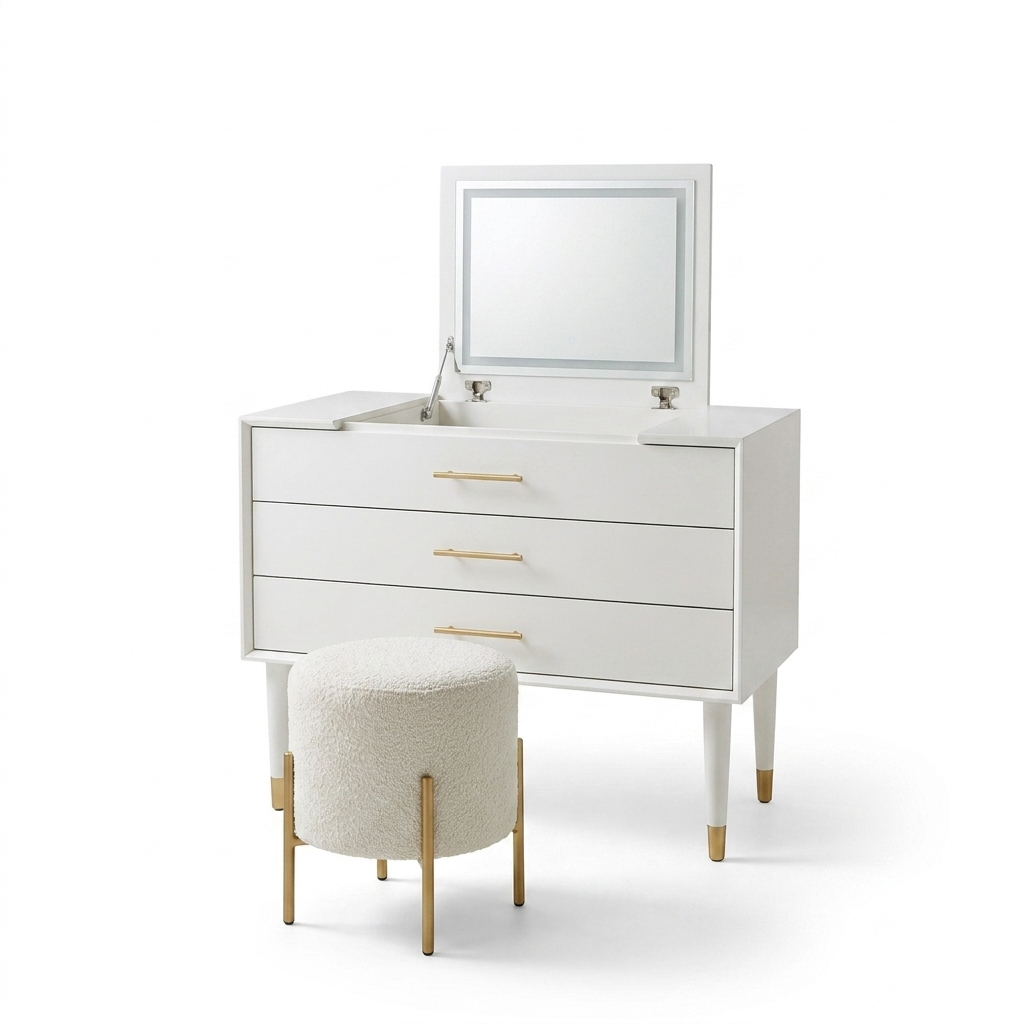 White Retractable Dressing Table with Drawers