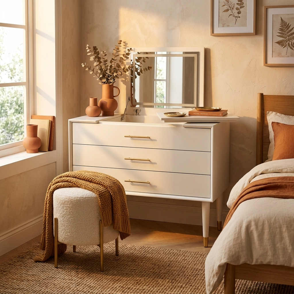 White Retractable Dressing Table with Drawers