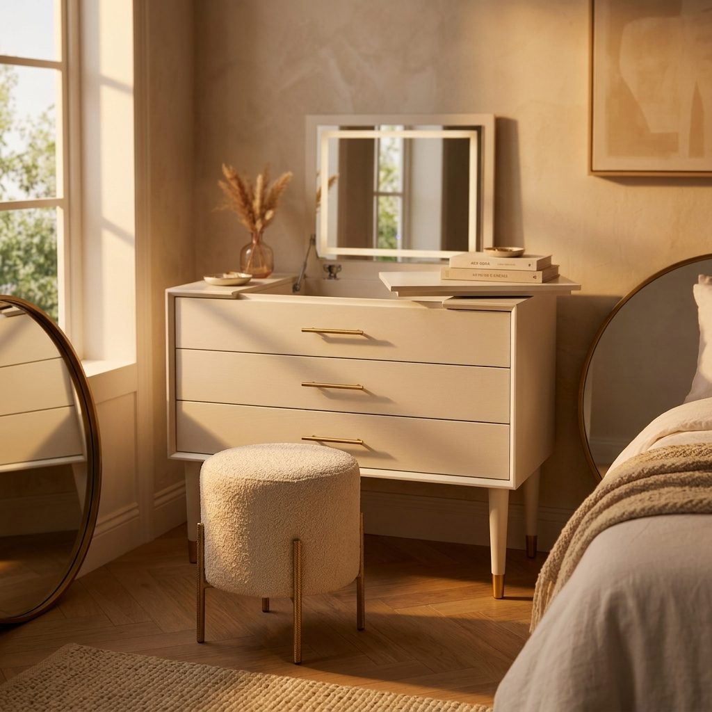 White Retractable Dressing Table with Drawers