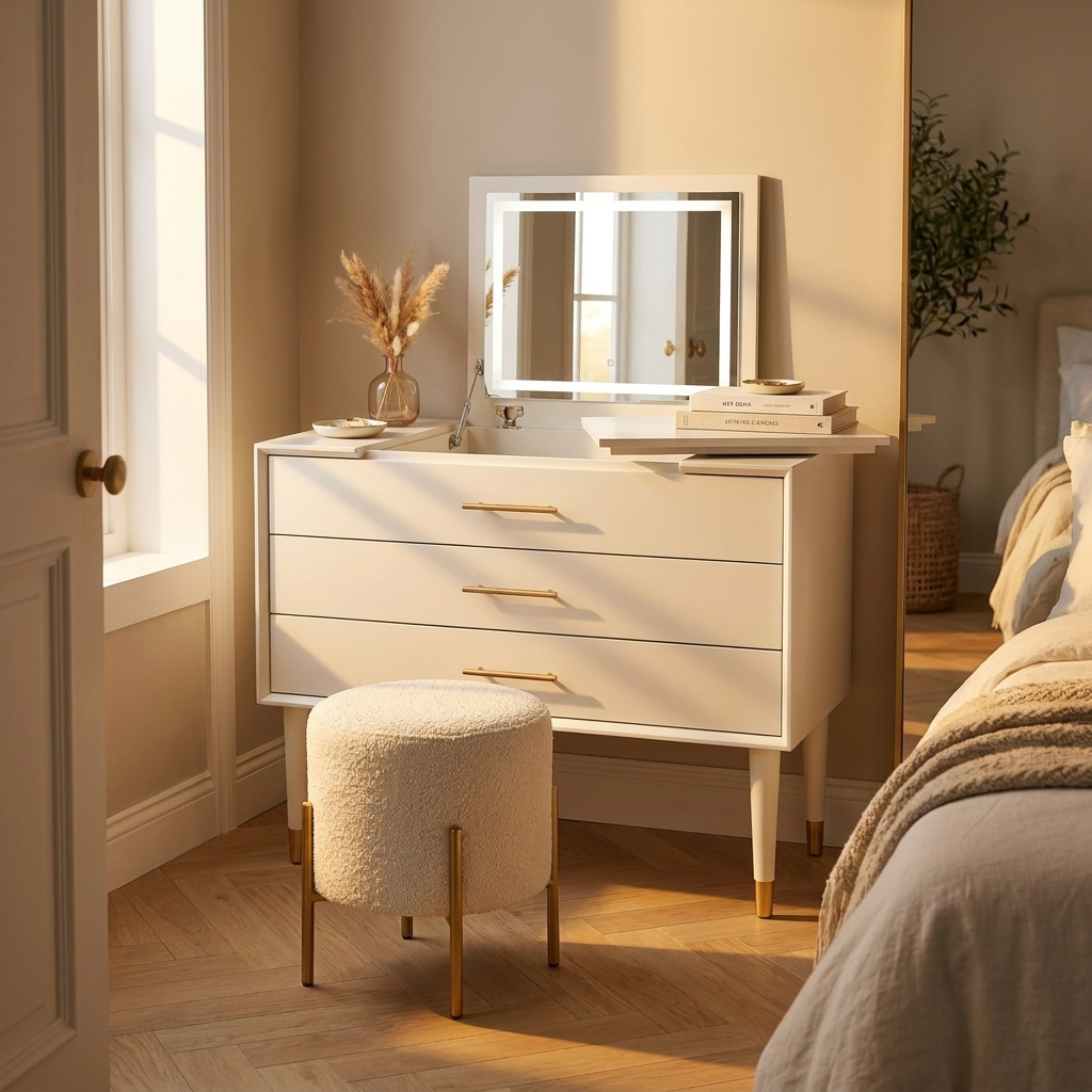 White Retractable Dressing Table with Drawers