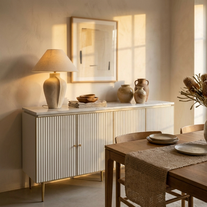 White Fluted Buffet Sideboard 160 cm, Stone Top