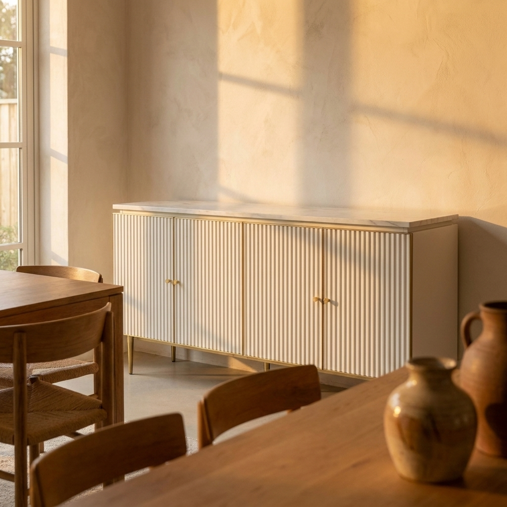 White Fluted Buffet Sideboard 160 cm, Stone Top