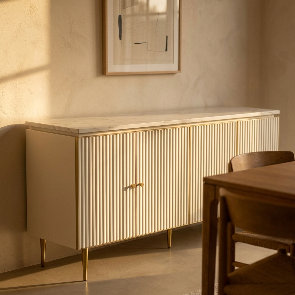White Fluted Buffet Sideboard 160 cm, Stone Top
