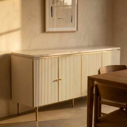 White Fluted Buffet Sideboard 160 cm, Stone Top