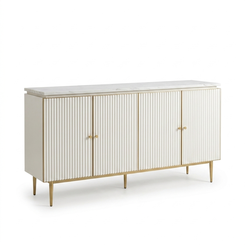 White Fluted Buffet Sideboard 160 cm, Stone Top