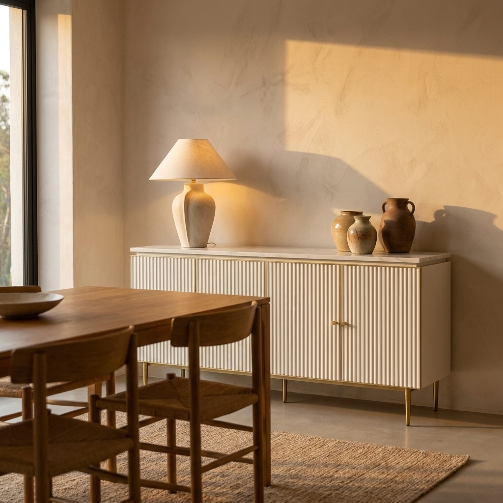 White Fluted Buffet Sideboard 160 cm, Stone Top