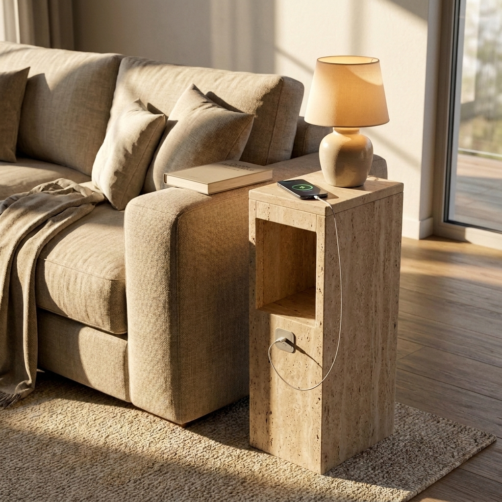 Narrow Side Table with USB Charging and Storage