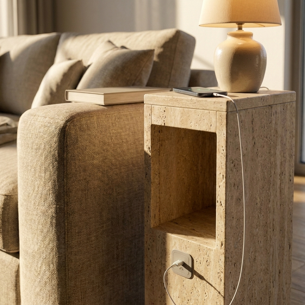Narrow Side Table with USB Charging and Storage
