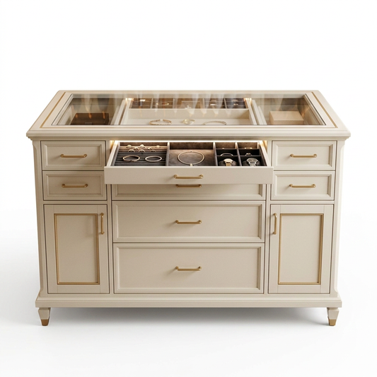 Walk-In Wardrobe Island 153 cm - Ivory, Glass Top