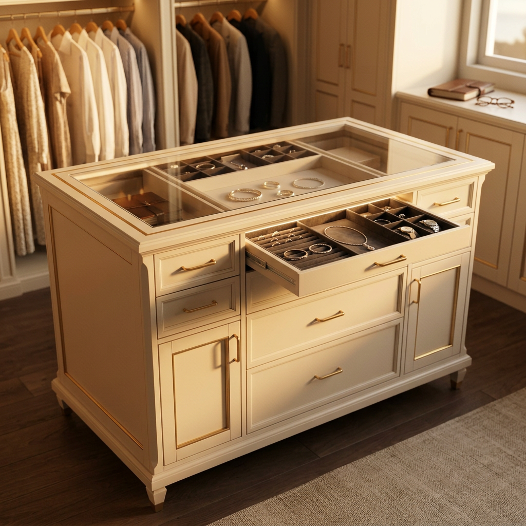 Walk-In Wardrobe Island 153 cm - Ivory, Glass Top