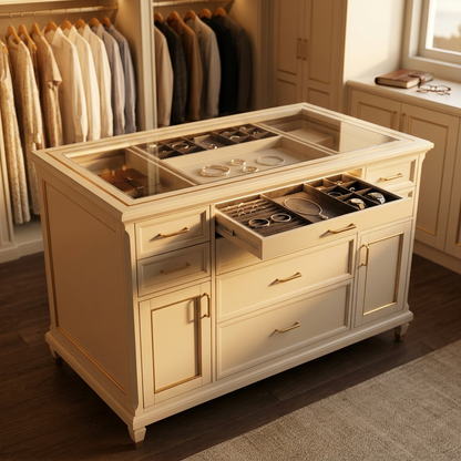 Walk-In Wardrobe Island 153 cm - Ivory, Glass Top