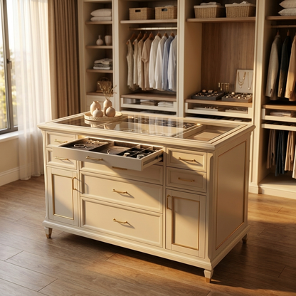 Walk-In Wardrobe Island 153 cm - Ivory, Glass Top
