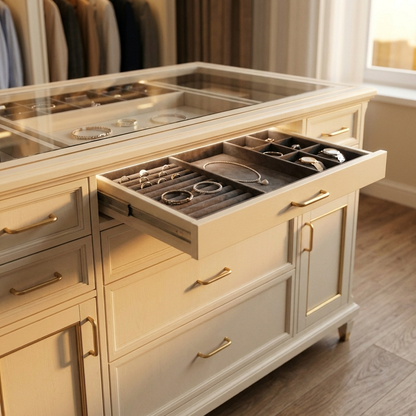 Walk-In Wardrobe Island 153 cm - Ivory, Glass Top