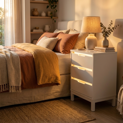 White Bedside Table with Charging and LED Light