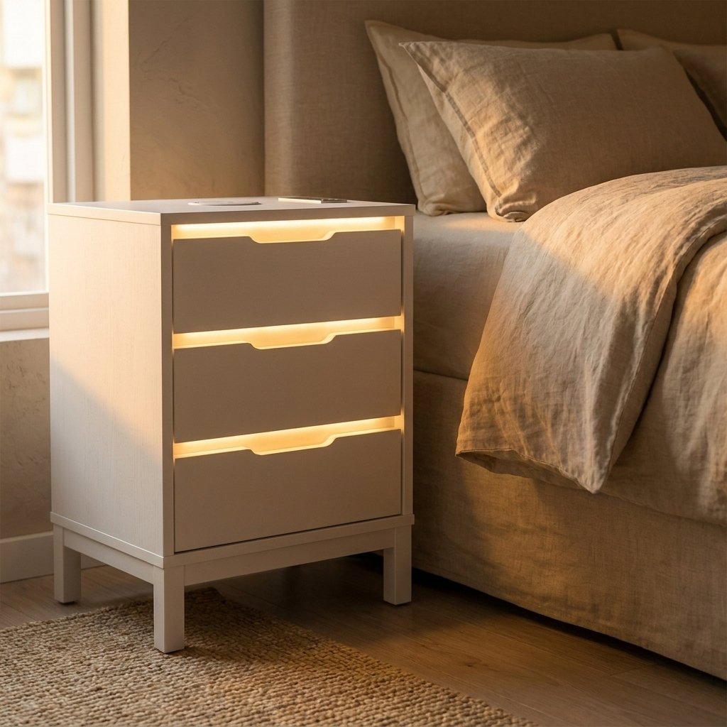 White Bedside Table with Charging and LED Light