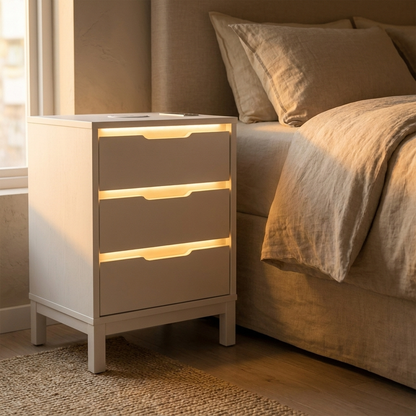 White Bedside Table with Charging and LED Light