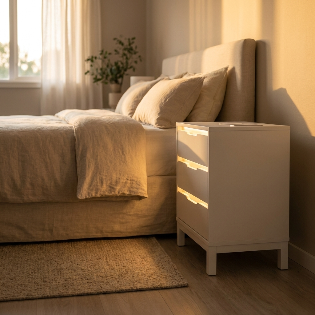 White Bedside Table with Charging and LED Light