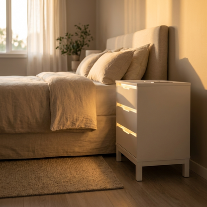 White Bedside Table with Charging and LED Light