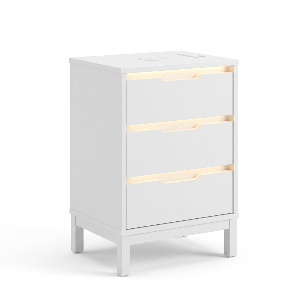 White Bedside Table with Charging and LED Light