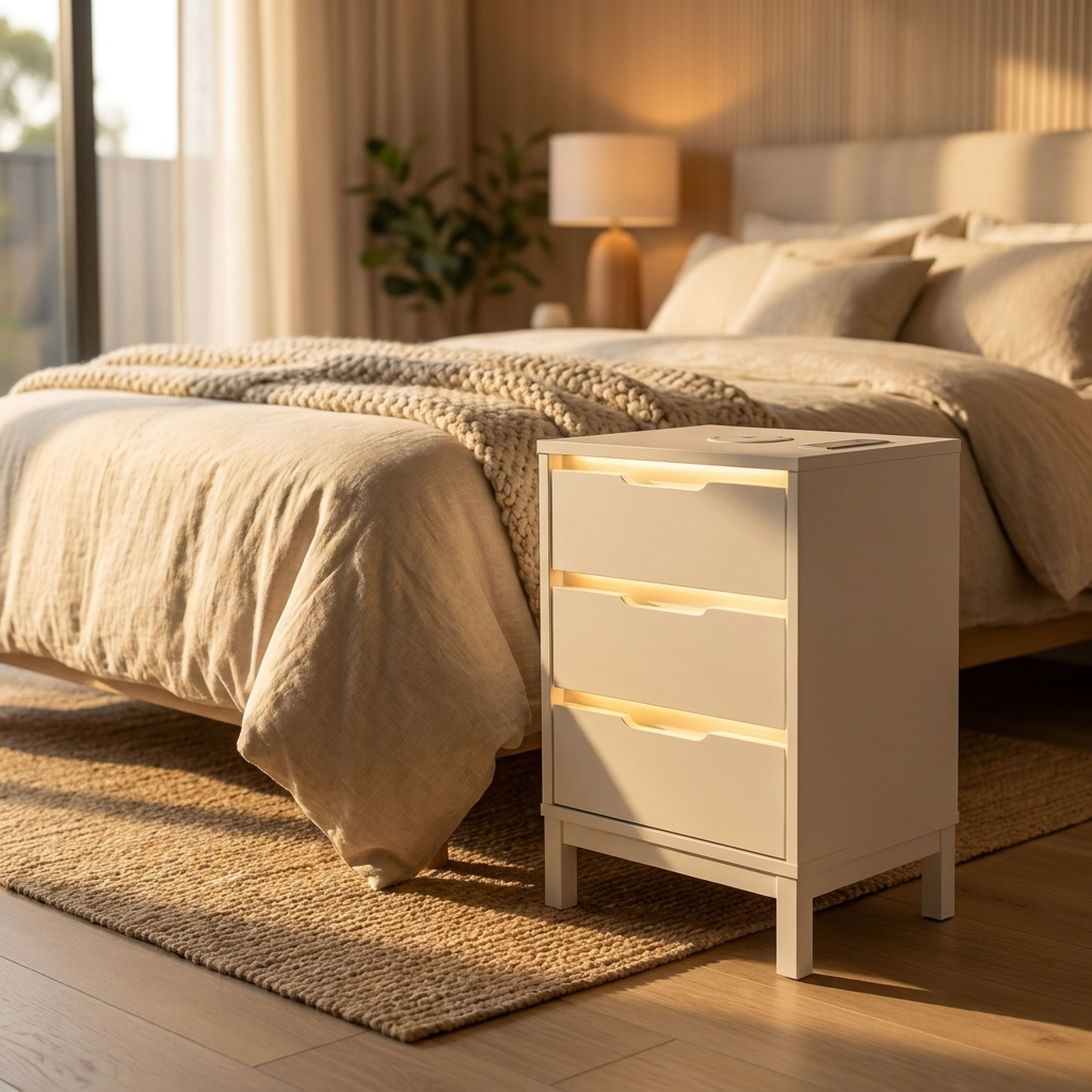 White Bedside Table with Charging and LED Light