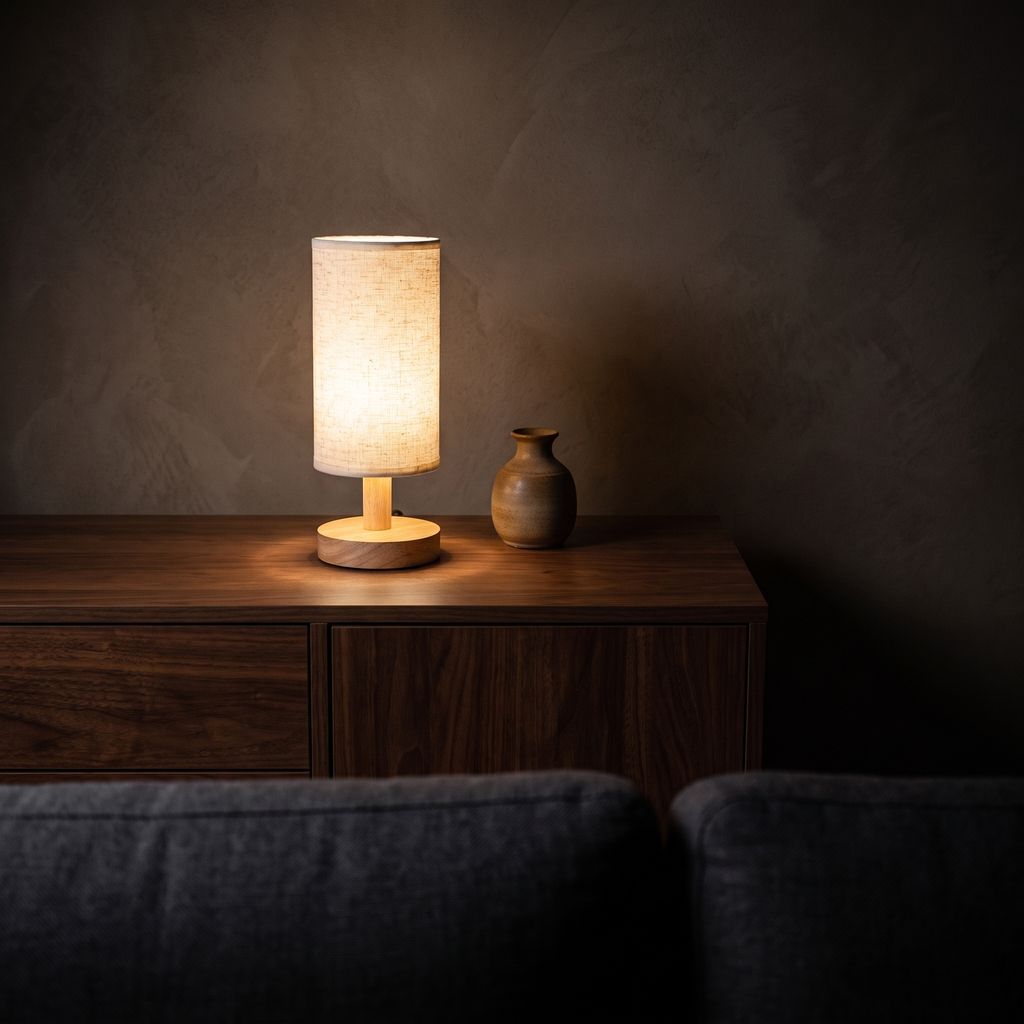 Linen Shade Wooden Bedside Lamp on a walnut sideboard in a dark living room