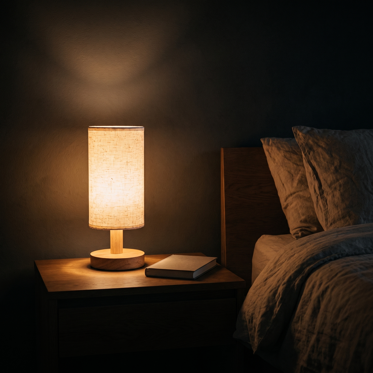 Linen Shade Wooden Bedside Lamp glowing on an oak bedside table at night