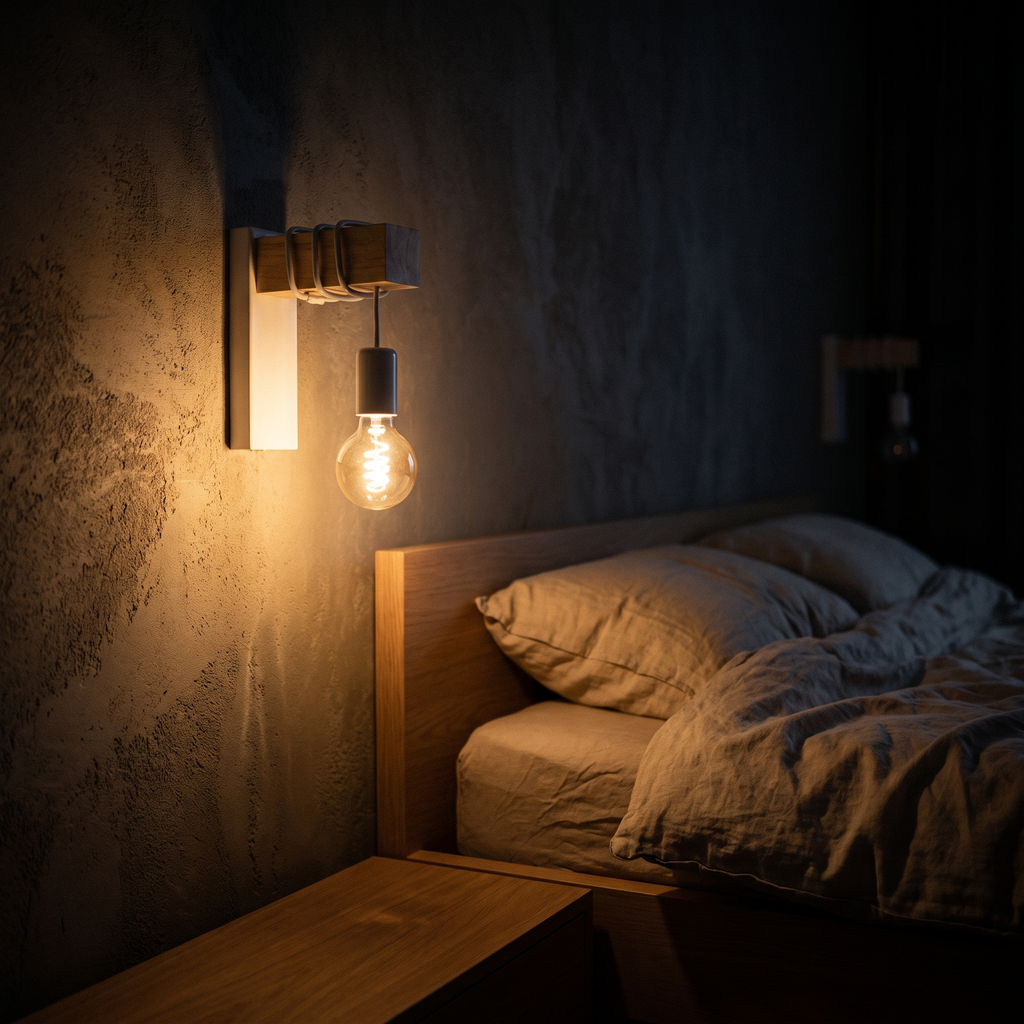 Modern Industrial Wall Sconce beside a bed in a dark modern bedroom