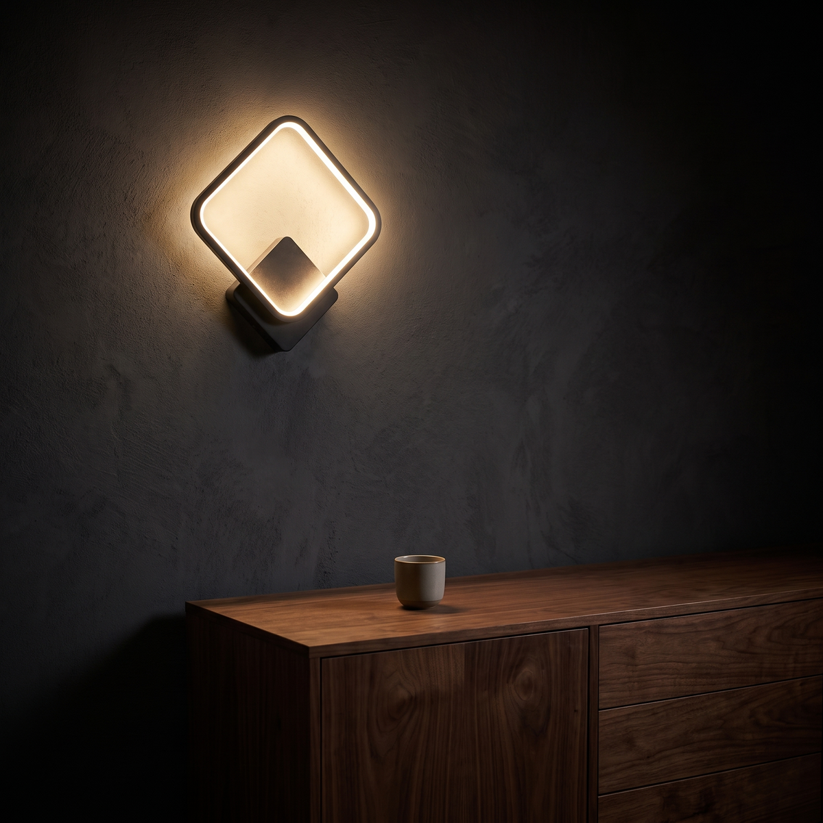 Modern LED Wall Sconce above a walnut sideboard in a dark living room