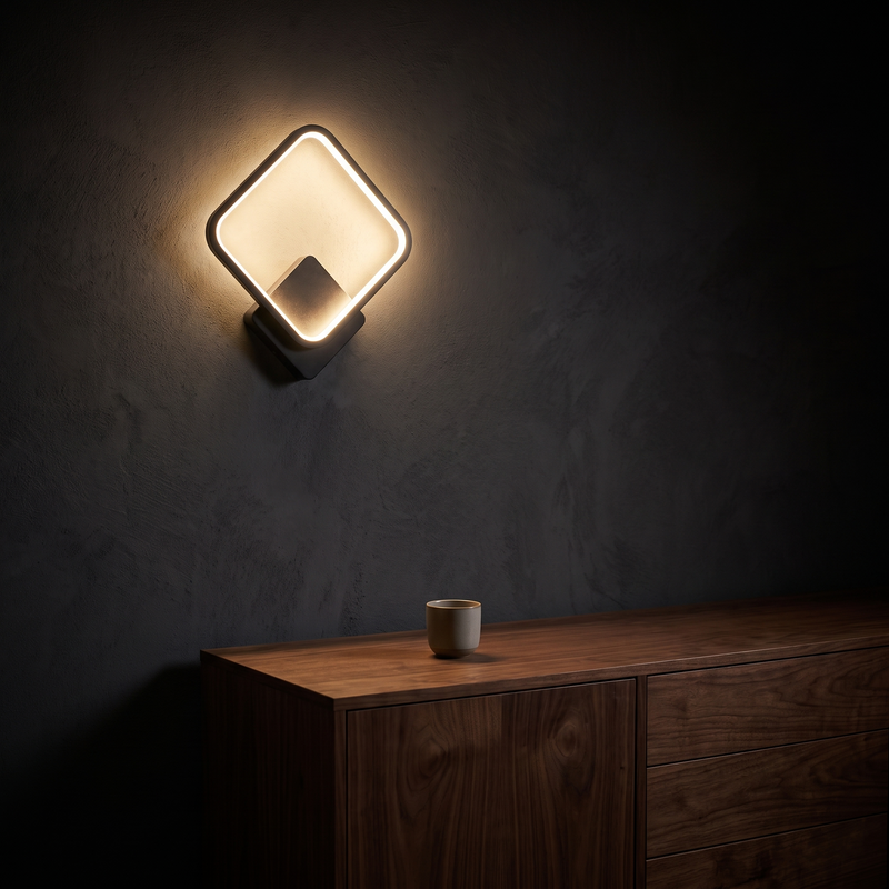 Modern LED Wall Sconce above a walnut sideboard in a dark living room