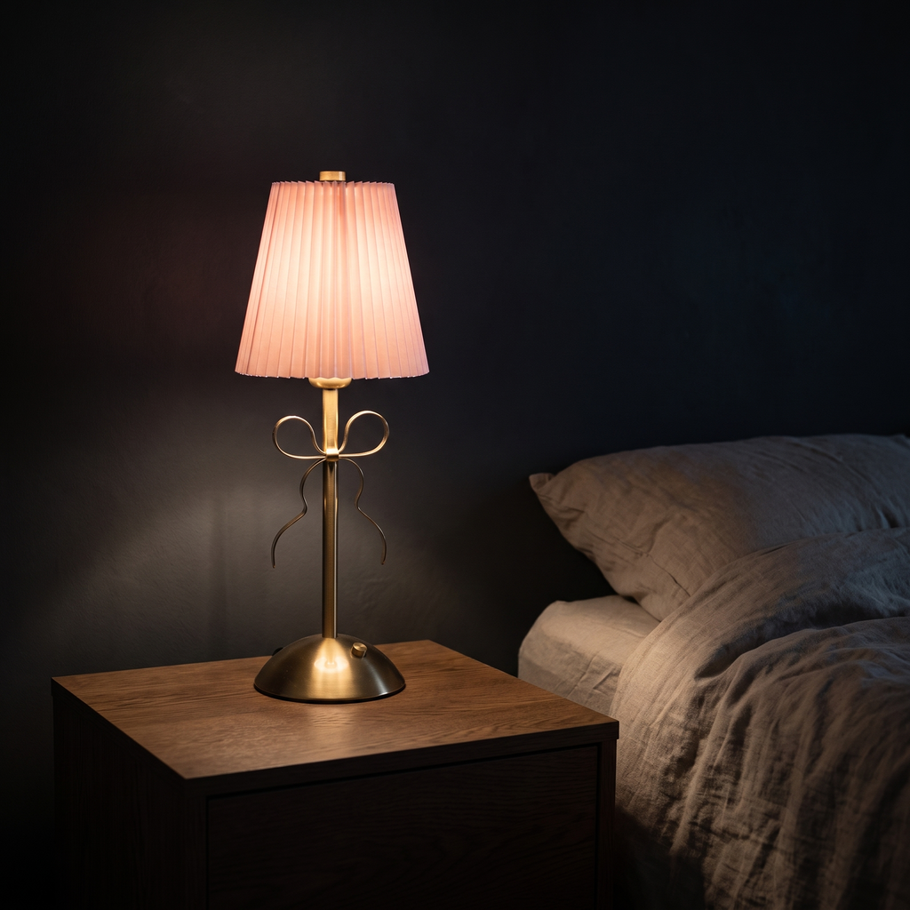 Pleated Bow Cordless Table Lamp on an oak bedside table in a dark bedroom