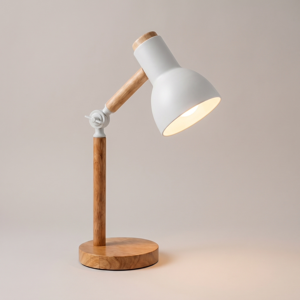 Nordic wooden adjustable desk lamp on a plain background