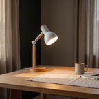 Timber desk lamp angled over a desk in a dark home office