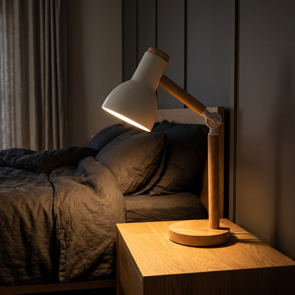 Nordic desk lamp on a bedside table beside a stack of books