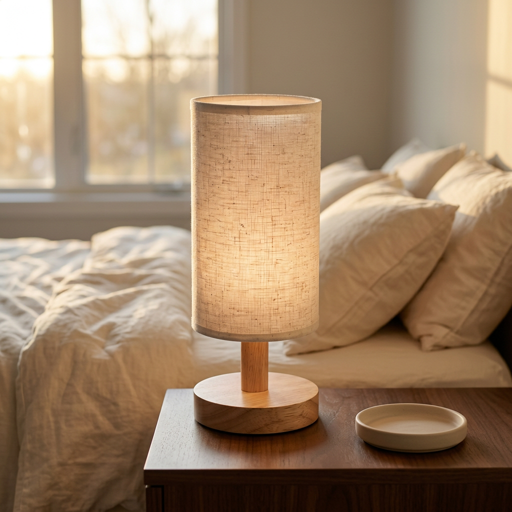 Linen Shade Wooden Bedside Lamp lifestyle