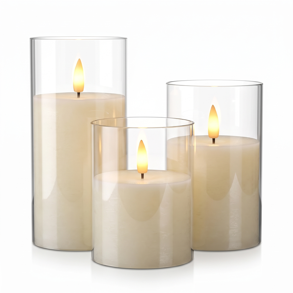 Flameless Glass Pillar Candles Set of 3 on white background