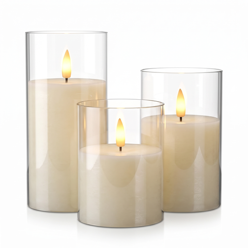 Flameless Glass Pillar Candles Set of 3 on white background