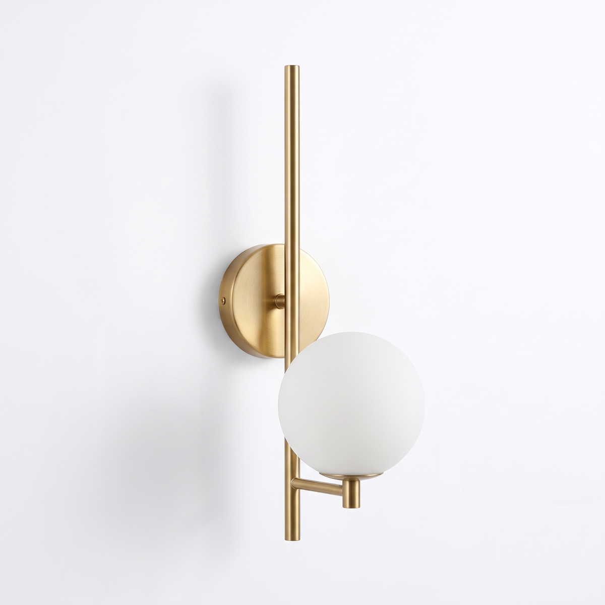 Brass Bar and Opal Globe Wall Sconce on white background