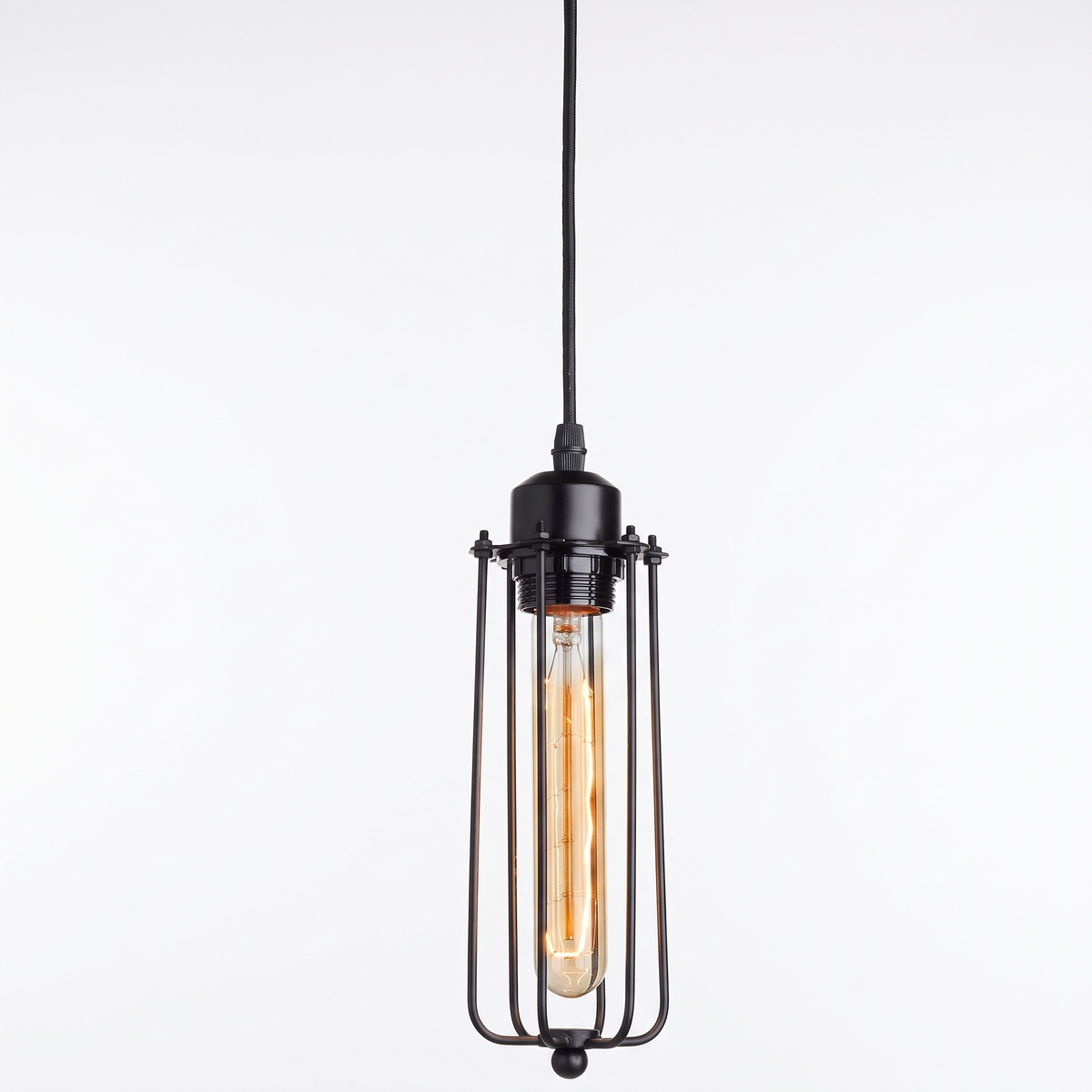 Pendant Light with Black Wire Cage, Industrial Single Bulb, E27 on white background