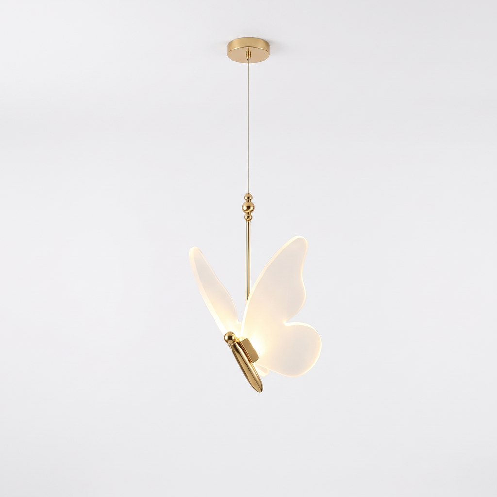 Pendant Light with Acrylic Butterfly Shade, Gold, Three Light Colors on white background
