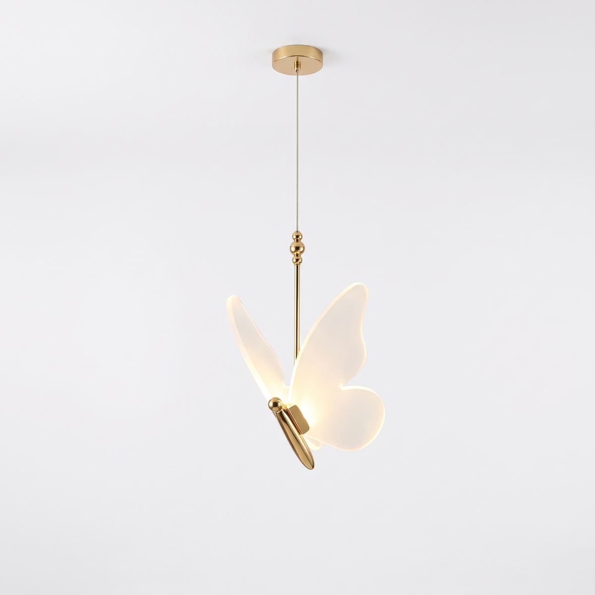 Pendant Light with Acrylic Butterfly Shade, Gold, Three Light Colors on white background
