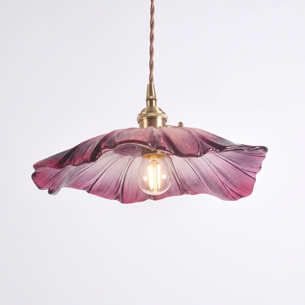Pendant Light with Fluted Glass Flower Shade, Purple, Green or Clear on white background