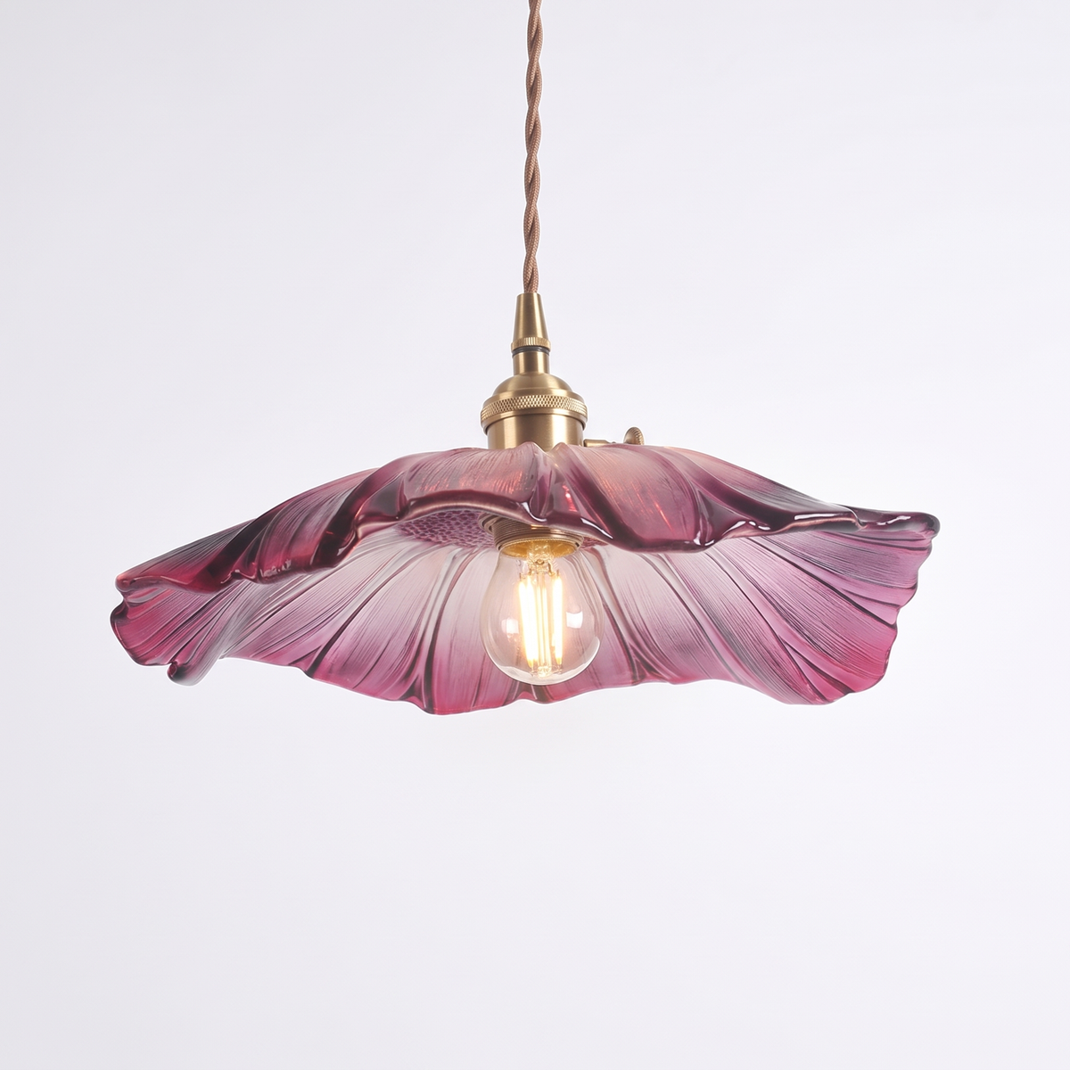Pendant Light with Fluted Glass Flower Shade, Purple, Green or Clear on white background