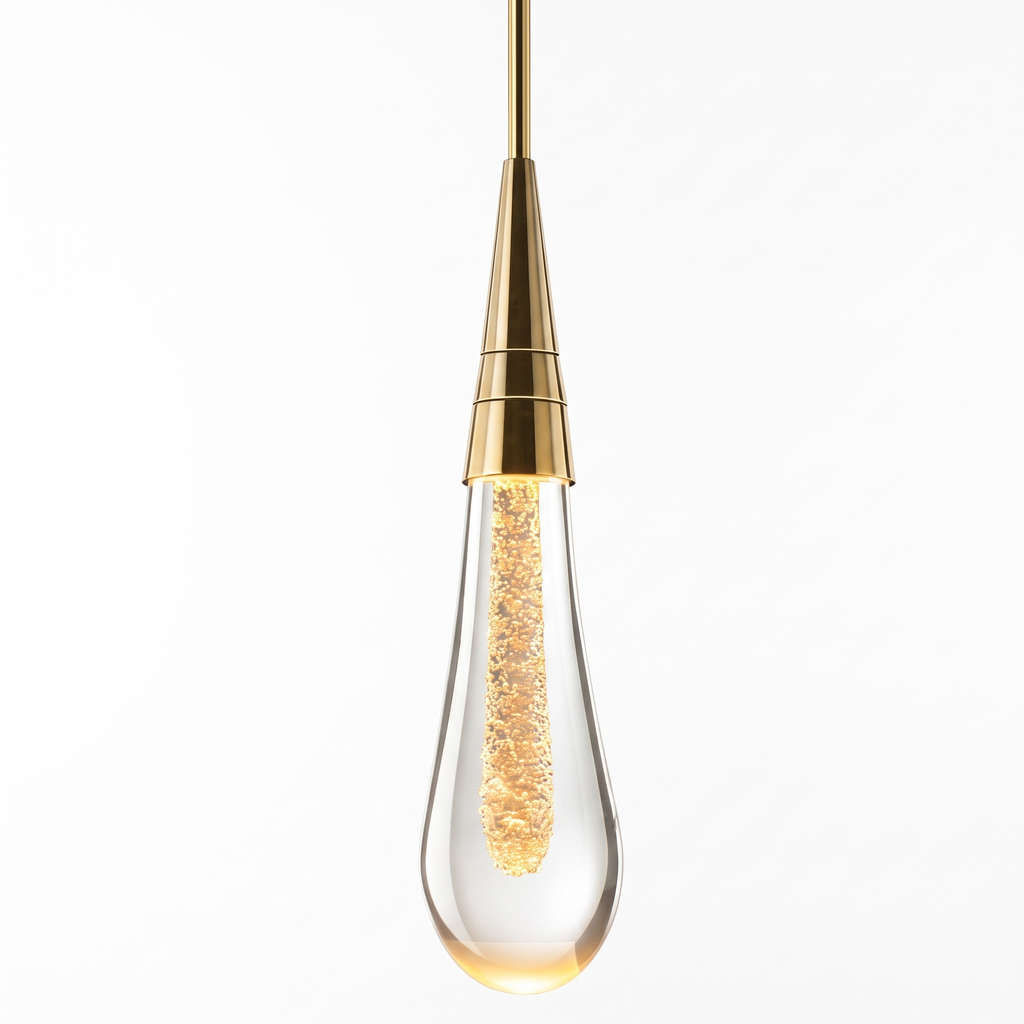 Pendant Light with Glass Teardrop Shade, Gold Fleck, Bedside Drop Light on white background